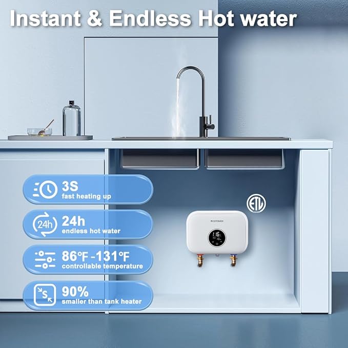 Tankless Water Heater Electric, ECOTOUCH 6kW 240V Point of Use Water Heater on Demand Water Heaters Instant Hot Water Heaters ETL Certificated Self-modulation ECO60SE White
