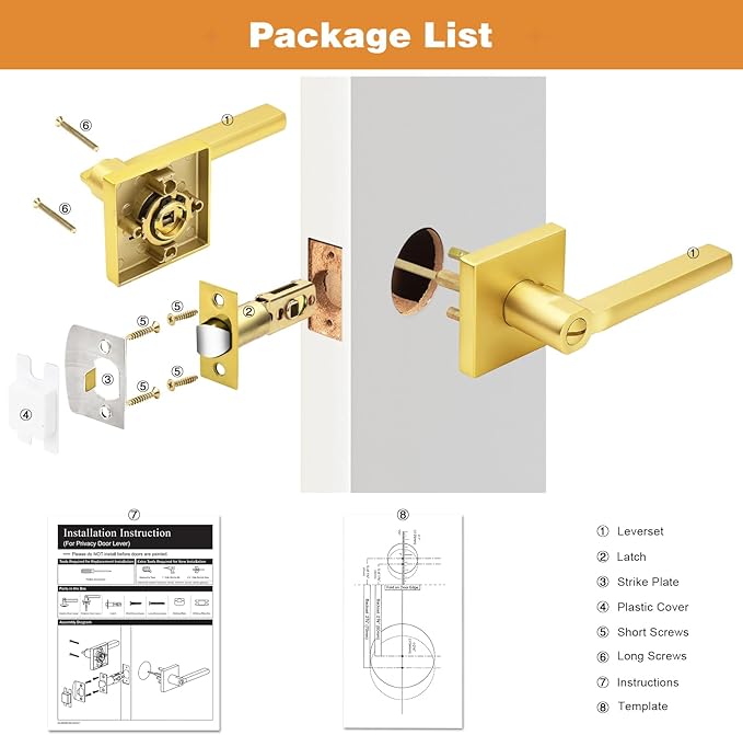 Probrico Gold Privacy Door Handle Lockset Heavy Duty Square Satin Brass Interior Door Lever for Bedroom or Bathroom Reversible Keyless Handleset Door Knob Slim Handed Levers, 3 Pack