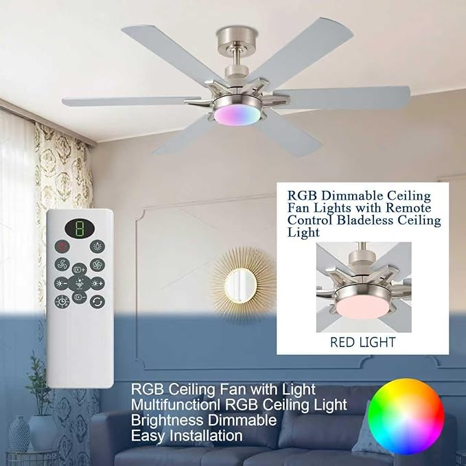 52in Ceiling Fans with Lights RGB Ceiling Fan with Light and Remote/APP Control,Low Profile Ceiling Fans with Lights for Bedroom,Living Room,Kids Room,3CCT Dimmable Modern Ceiling Fan, 8 Speeds,Nickel