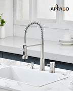 APPASO Kitchen Faucet 3 Holes, Brushed Nickel S304 Stainless Steel Spring 3 Piece Sink Faucets with Separate Side Handle, Pull Down Sprayer and Soap Dispenser, 2 Spray Modes and Easy-Installation