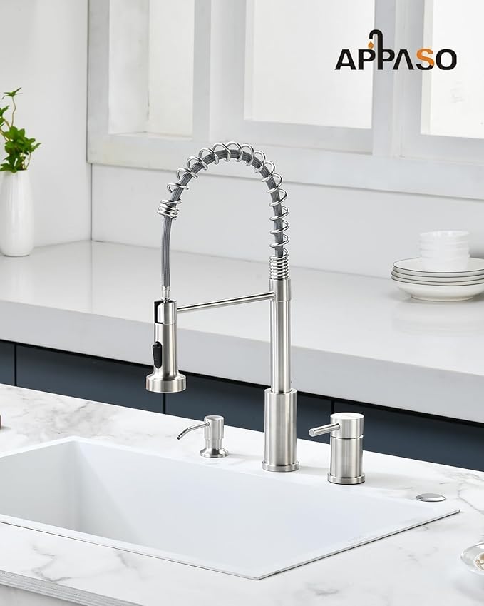 APPASO Kitchen Faucet 3 Holes, Brushed Nickel S304 Stainless Steel Spring 3 Piece Sink Faucets with Separate Side Handle, Pull Down Sprayer and Soap Dispenser, 2 Spray Modes and Easy-Installation