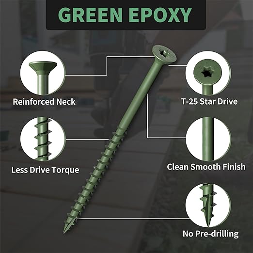 Wood Screws 3-1/2 Inch, FIXLINK Deck Screws #10 x 3-1/2", 310 PCS, Epoxy Coated, T25 Star Bit Above 1500 Hour Salt Spray Coating Outdoor Decking Screws Excellent Rust Resistant for Wood Fence, Green
