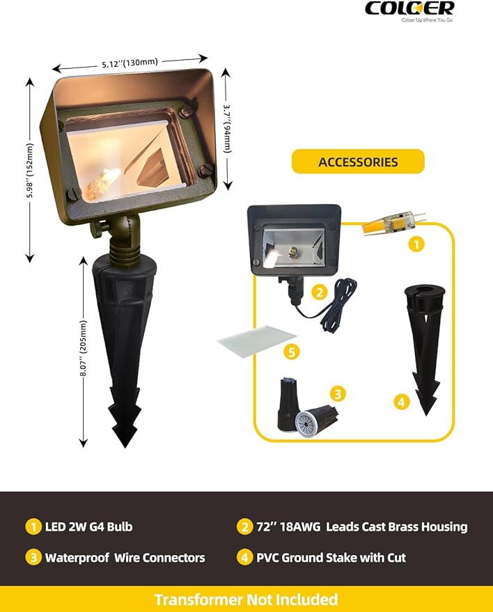 COLOER Brass Rectangular Flood Lights 6 Pack with 4W 2700K LED G4 Bulb, 12V Low Voltage Landscape Floodlights for Outside, Outdoor Wall Lights Illuminating Signs, Walls and Plant Material