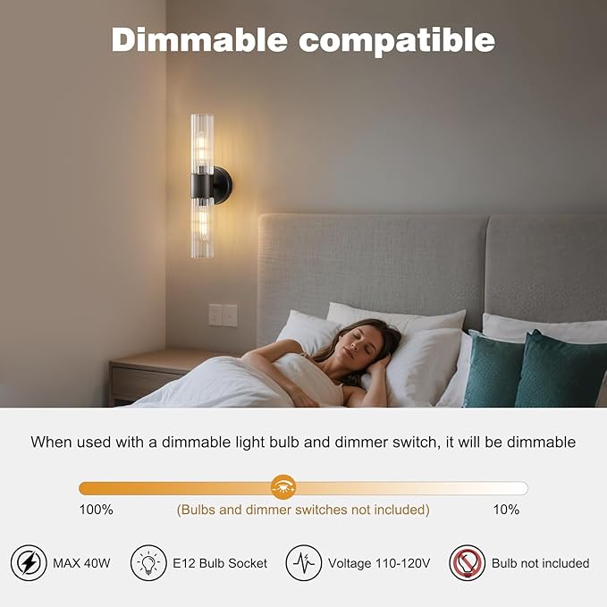 Bathroom Light Fixtures 2-Light, Modern Vanity Light for Bathroom, Wall Sconce, Bath Light with Glass Rods Shades for Mirror Bedroom Hallway (Black)