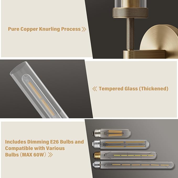 Brass Wall Sconces Set of 2, Double Lights 30" Knurled Texture Indoor Wall Light Fixtures, Bathroom Vanity Light Fixtures with Clear Glass, Modern Wall Lamp for Living Room Hallway(Bulb Included)