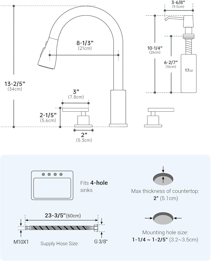 APPASO 2 Handle Kitchen Faucet, 4 Hole Black Kitchen Sink Faucet with Soap Dispenser, Modern High Arc 3 Hole Faucet for Kitchen Sink