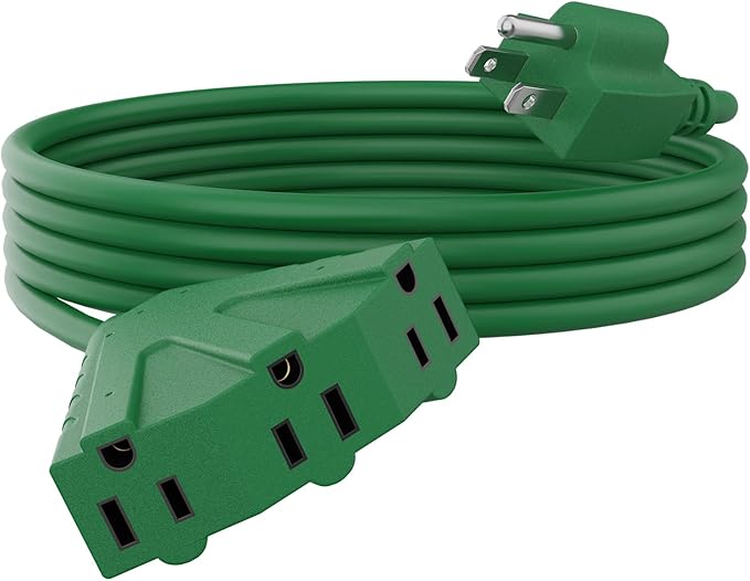 PLUGTUL 15FT Outdoor Extension Cord with Multiple Outlets, 14 Gauge, 3-Outlet, SJTW, 15A 14AWG 1875W SJTW, ETL Listed - Great for Christmas Decoration Lights, Green