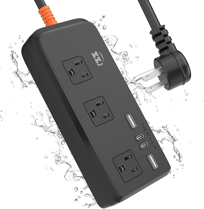 Outdoor Power Strip Weatherproof, IPX6 Waterproof Surge Protector with 3 AC Outlets and 2USB A&2USB C, 6FT Extension Cord, Wall Mountable for Indoor Outdoor, UL FCC Listed