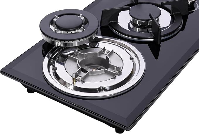 12 Inch Dual Fuel Gas Cooktop - Sealed 2 Burners, Tempered Glass, Drop-in Gas Hob DK123-A01S, Black