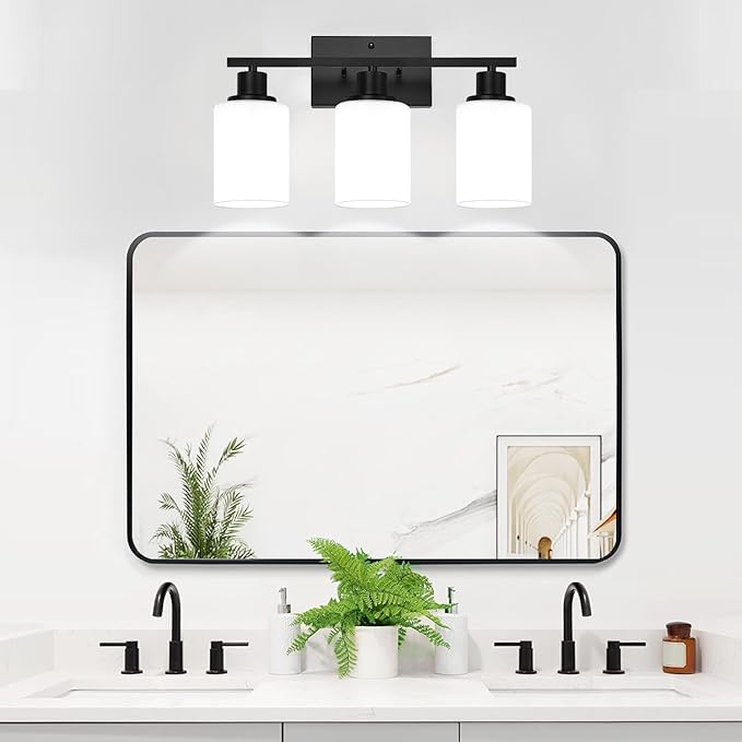 3-Light Bathroom Light Fixtures, Vanity Light with Milky White Shades, Matte Black Bathroom Light Fixtures Over Mirror, Modern Bathroom Wall Lamp for Mirror Living Room Cabinet Bedroom