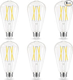 LED Edison Bulbs, E26 Bulb 60 watt Equivalent, Non-Dimmable, Cool White 4000K, ST58 Vintage Light Bulbs, 90+ CRI, 6W 600LM, E26 Medium Base, Clear Glass, 6 Pack