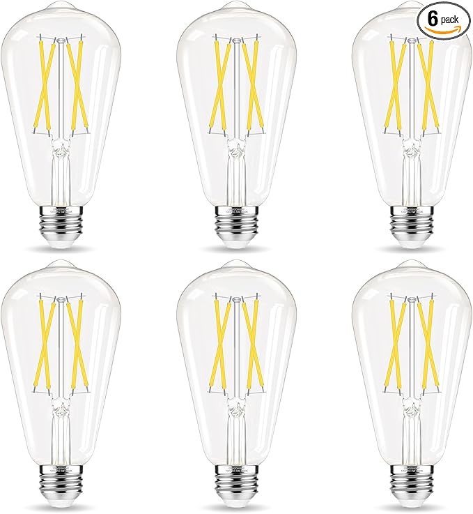 LED Edison Bulbs, E26 Bulb 60 watt Equivalent, Non-Dimmable, Cool White 4000K, ST58 Vintage Light Bulbs, 90+ CRI, 6W 600LM, E26 Medium Base, Clear Glass, 6 Pack