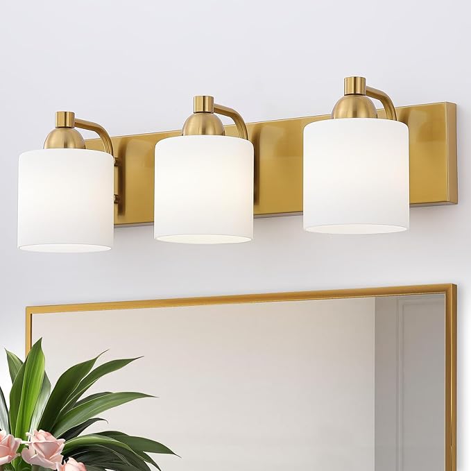 Stainless Steel Milk Glass Vanity Lights for Bathroom, 3 Light Gold Bathroom Light Fixtures Over Mirror, Ceramic E26 Sockets Wall Mounted