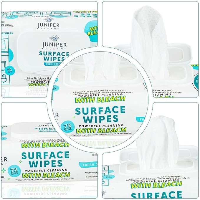 6 Pack Surface Cleaning Wipes with Bleach, All-Purpose Cleaner for Bathroom, Kitchen, Office, 72 Count Soft Flow, Fresh Scent, Lint Free & Durable