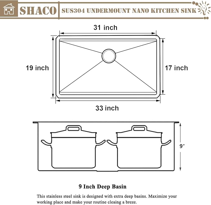 SHACO 33 Inch Black Undermount Kitchen Sink, 33x19 Gunmetal Black Stainless Steel Workstation Single Bowl Basin Wet Prep Undermount Kitchen Sink with Cutting Board