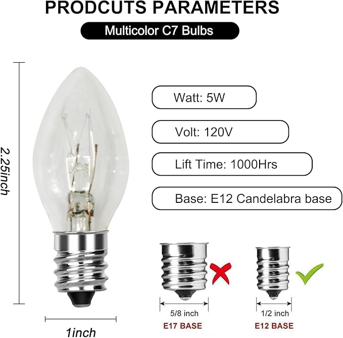 C7 Christmas Relacement Bulbs, 25 Pack Clear Light Bulbs for E12 Candelabra Base Outdoor/Indoor String Lights, 5 Watt