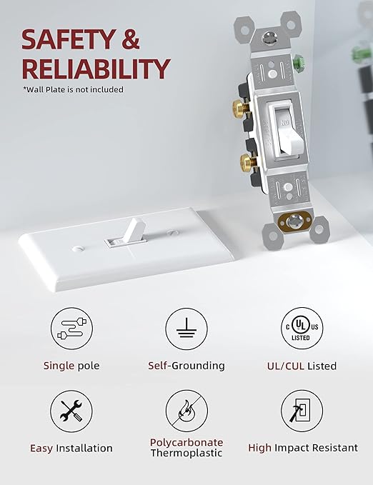 AIDA 15 Amp Single Pole Quiet Indoor Toggle Switch Self-Grounding ON Off, Residential Grade, UL Listed, Quickwire Push-in & Side Wired (White, 10 Pack)