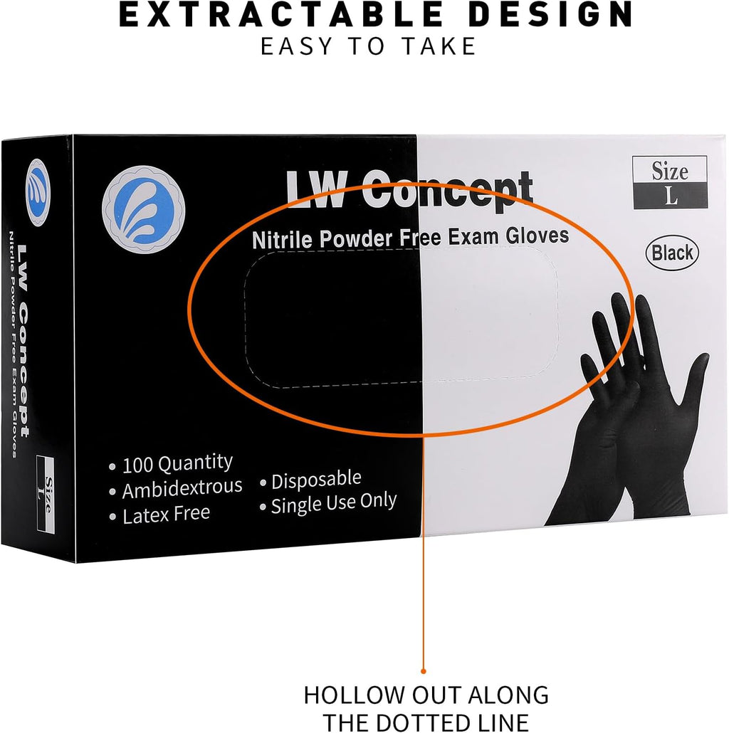 LW Concept - Black Nitrile Gloves - Latex & Powder-Free, Disposable, Strong, Food Handling