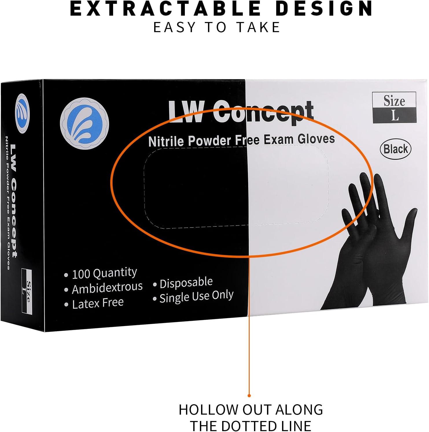 LW Concept - Black Nitrile Gloves - Latex & Powder-Free, Disposable, Strong, Food Handling