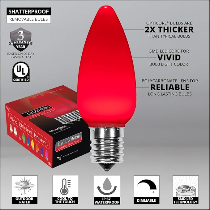 Wintergreen Lighting 25-Pack OptiCore C9 LED Red Christmas Light Bulbs - Valentine Lights Ceramic Style Vintage Christmas Lights Replacement Indoor/Outdoor, E17 Base (Red Smooth)