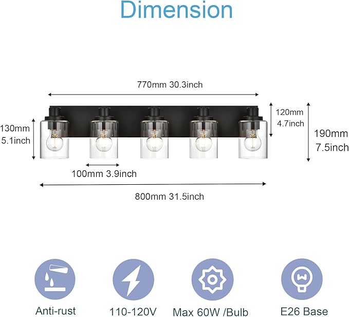 5 Light Bathroom Vanity Lights, Bathroom Lighting Fixtures over Mirror with Clear Glass Shades, Black Vanity Light For Bathoom, Modern Wall Sconces Vanity Lighting Fixture for Bathroom Hallway