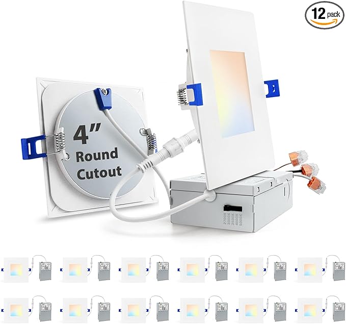 zouzai 4 Inch Square LED Recessed Light for Round Cut Outs,Ultra-Thin 5CCT Selectable & Dimmable Downlight with Junction Box, ETL & Energy Star Certified【12 Pack White】