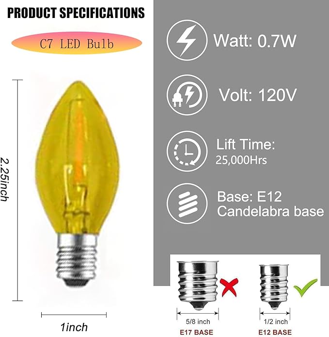 10 Pack Christmas Replacement Yellow Bulbs,Outdoor Individual LED Bulbs for Events, Holiday Parties, Patios C7/E12 Candelabra Base,Shatterproof Plastic