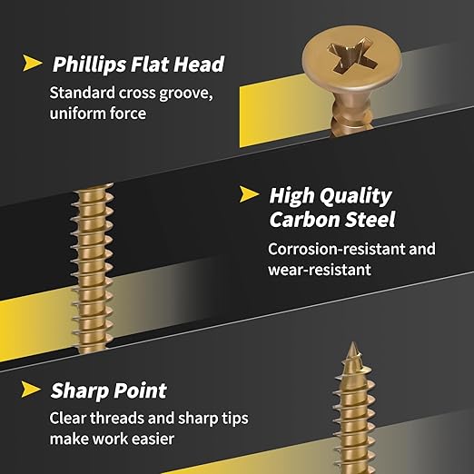 Wood Screws Assortment Kit, FIXLINK 240 PCS High Hardness Flat Head Wood Screws Set, Phillips Drive Assorted Screws, Contain Anchors and 8 Size (2-1/2”,2”,1-1/2”,1-1/4”,1”,3/4”,5/8”,1/2”), Yellow Zinc