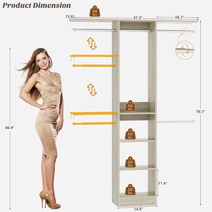 48" Small Closet Organizer, 4FT Closet System for Small Closets with 4 Hanging Rods & 3 Shelves, 80"H Small Closet Organizers and Storage for Bedrooms, Cloakrooms, White Oak