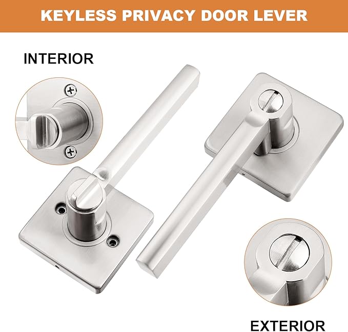 Probrico Privacy Door Handle Interior Heavy Duty Square Brushed Nickel Door Knobs for Bedroom Bathroom Reversible Keyless Door Lever Satin Nickel, 8 Pack