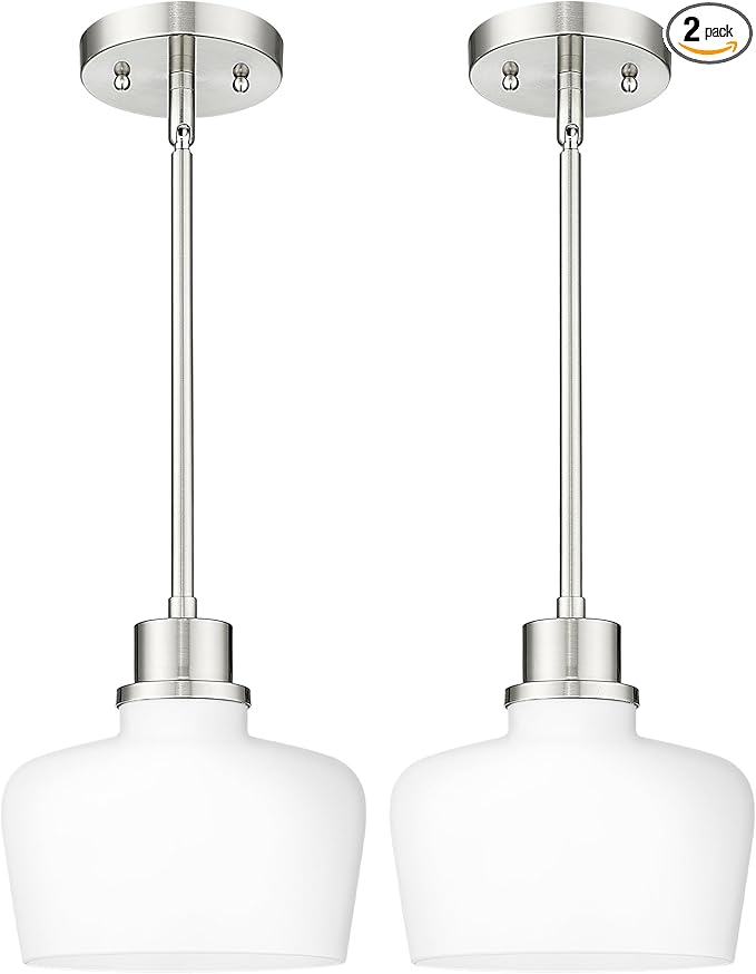 Emak 2 Pack Brushed Nickel Pendant Light Fixtures, 8 Inch Milk Glass Pendant Lights Kitchen Island, Modern Island Lights for Kitchen, Dining Room, Bathroom, PL122-BN-ML-2PK