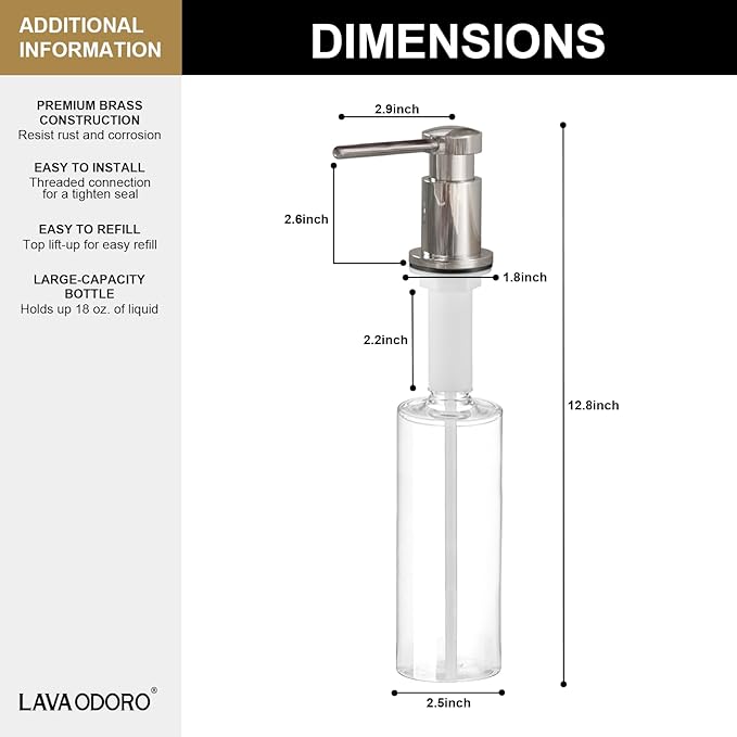 Lava Odoro Chrome Soap Dispenser for Kitchen Sink, Modern Brass Built in Countertop Pump Dispenser with 18 Oz Refillable Bottle, Kitchen Soap and Lotion Dispenser Spot-Free, Chrome, KSD-21