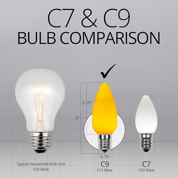 Wintergreen Lighting 25 Pack OptiCore C9 LED Christmas Light Bulbs, Gold Smooth Finish, Heavy Duty E17 Base Premium Outdoor Christmas Light Bulb Replacement