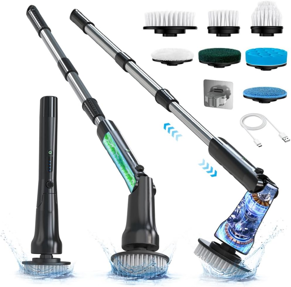 Electric Spin Scrubber, Hillyfe Power Shower Cleaning Brush with 7 Replaceable Brush Heads, IPX7 Waterproof, 2 Speeds (300/400 RPM) Electric Scrubber with Wall Mount Hook for Bathtub, Floor，Black