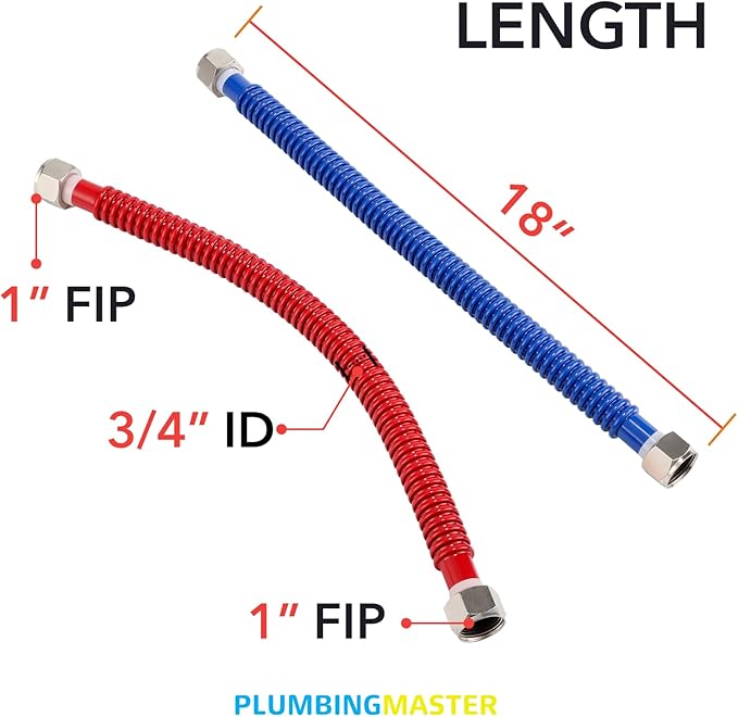 Stainless Steel Corrugated Water Heater Connector, 18-Inch, 1" FIP* 1" FIP Fitting,3/4 ID red and blue color Corrugated Water flexible hose, Leak-Proof, 10-Year Warranty, 2-pack