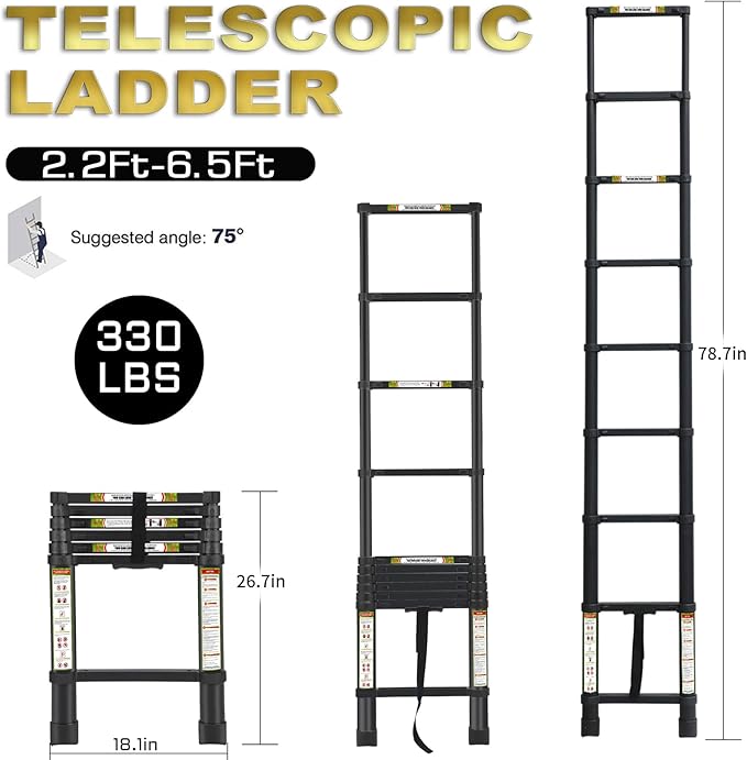 RIKADE Telescoping Ladder 6.5FT & Attic Ladder, Heavy Duty Aluminum with Non-Slip Feet, 330lb Capacity for RV, Attic, Roof & Multi-Surface Use