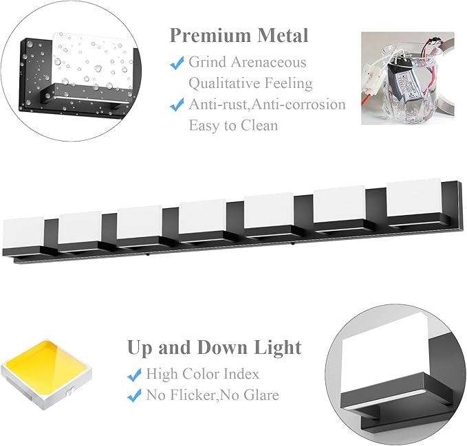 Tipace LED Modern Bathroom Vanity Light Fixtures, 7 Lights Black Vanity Lighting for Bathroom Wall Lights Up and Down LED Light Fixtures Over Mirror(White 6000K)