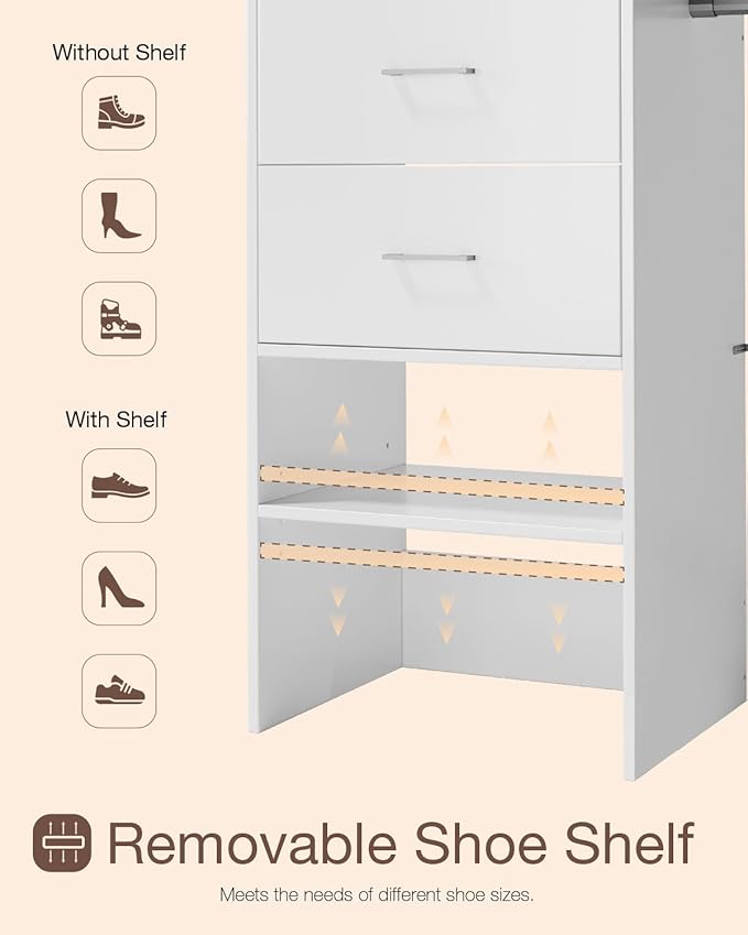 Closet System, 5-9FT Closet Organizer System with Wooden Drawers and Shoe Rack, Walk in Closet Organizers and Storage with 5 Adjustable Hanging Rods & Movable Shelves, Heavy Duty Wall Mount