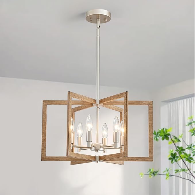 Modern Farmhouse Dining Room Light Fixtures, 20'' Geometric Nickel Chandelier for Living Room Kitchen Island Entryway Bedroom, 6-Light Rustic Wood Grain Pendant Hanging Lighting