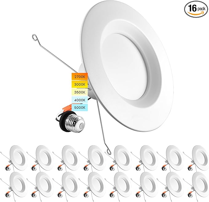 LUXRITE 5/6 Inch LED Recessed Retrofit Downlight, 14W=90W, CCT Color Selectable 2700K | 3000K | 3500K | 4000K | 5000K, Dimmable Can Light, 1100 Lumens, Wet Rated, Energy Star (16 Pack)