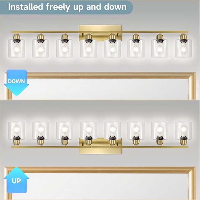 Modern Brushed Gold 8 Light Bathroom Light Fixtures, 52 inch Vanity Lights for Bathroom with Clear Glass for Mirror Kitchen Living Room Hallway Cabinet Porch