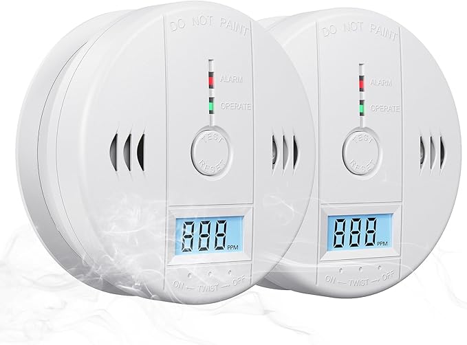 2 Pack Carbon Monoxide Detectors Battery Powered, Carbon Monoxide Alarm with LED Digital Display, CO Alarm with Human Alarm Sounds and Test Button for Home Kitchen Restaurant Hotel Office