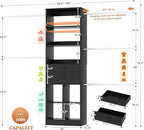 Closet System, 4-8 FT Closet Organizer Tower with 2 Wooden Drawers and Shelves, Can Fit 60 to 96 inch Walk-in Closet System with 5 Hang Rods, Built-in, Black