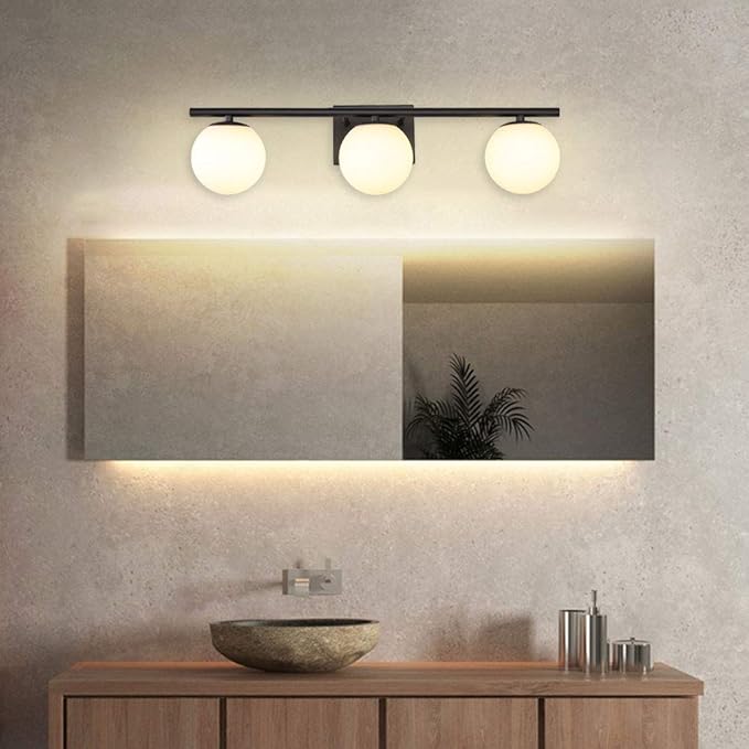 New Bathroom Vanity Light Fixtures 3 Lights Brushed Black Milk White Globe Glass Shade Modern Wall Bar Sconce Over Mirror (Exclude G9 Bulb)