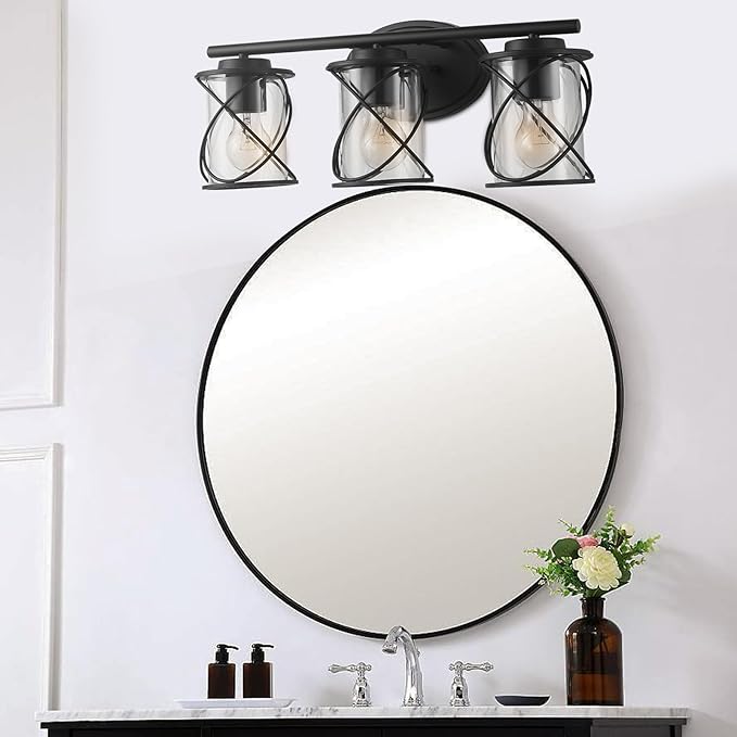 mavcadonf 3-Lights Bathroom Vanity Lights, Bathroom Light Fixtures Over Mirror, Matte Black Vanity Light, Farmhouse Wall Lights with Clear Glass Shade, Bathroom Wall Lamp for Mirror Kitchen Bedroom