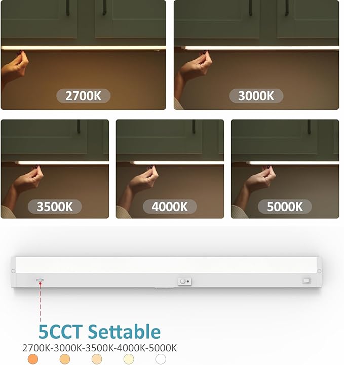Under Cabinet Lighting Motion Sensor Hardwired, 32 Inch 16W Dimmable, 5 CCT 2700/3000/3500/4000/5000K, Eyes Care Design Linkable Under Counter Lights for Kitchen, Sink, ETL Listed, White