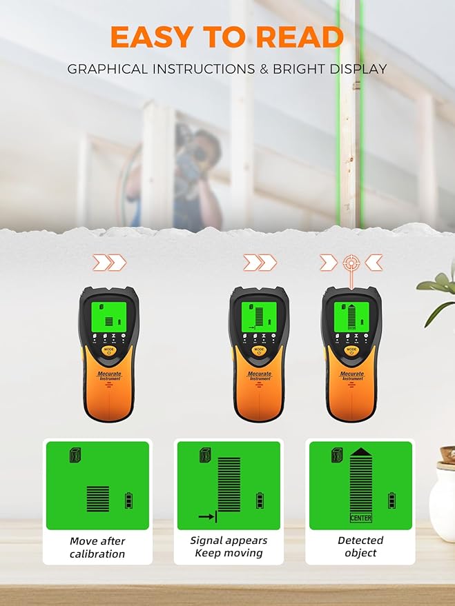 Mecurate Stud Finder Wall Scanner Sensor - 5 in 1 Electronic Stud with LCD Display & Audio Alarm for Wood AC Live Wire Metal Studs Detection Joist Pipe