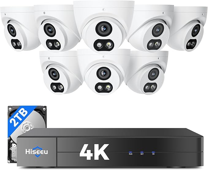 【121°Wide View+4K HD】 Hiseeu 4K Security Camera System, 8 Pcs 8MP PoE Security Camera Outdoor&Indoor, No Monthly Fee, Human Vehicle Detect, Smart Playback, 2TB Hard Drive for Surveillance 7/24 Record