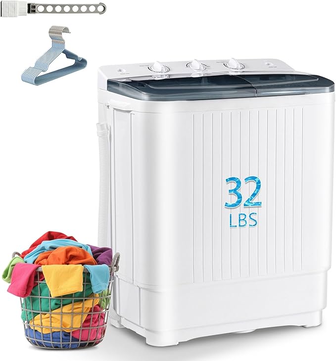 Portable Mini Twin Tub 32lbs Washing Machine With Drying Rack& 10 Hangers, 20lbs Washer & 12lbs Spinner, Small Laundry Washer with Time Control for Camping, Apartments, RV (32lbs)