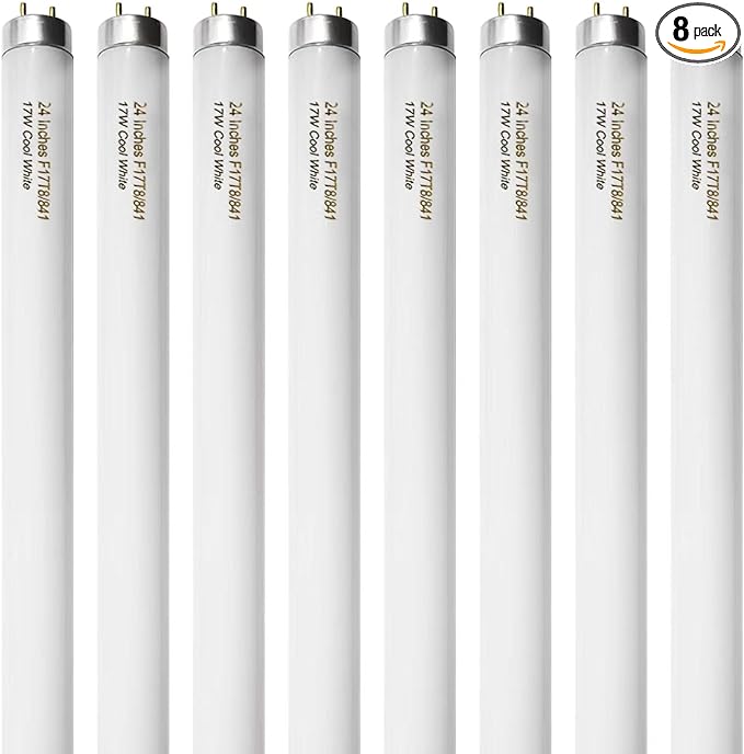 8 Pack 24 inch F17T8/841 17 Watts Light Bulb, 2 Foot Straight Fluorescent Tube T8 Tube Light, 4100K Cool White 1400 Lumen G13 Medium Bi-Pin Cap 8 Count